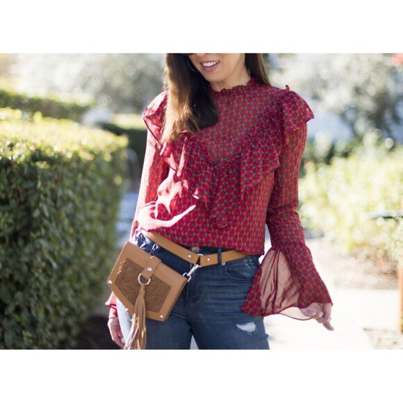 Wayf Red Ruffle Bell Sleeve Blouse Geometric Sheer Size Large - Picture 1 of 11